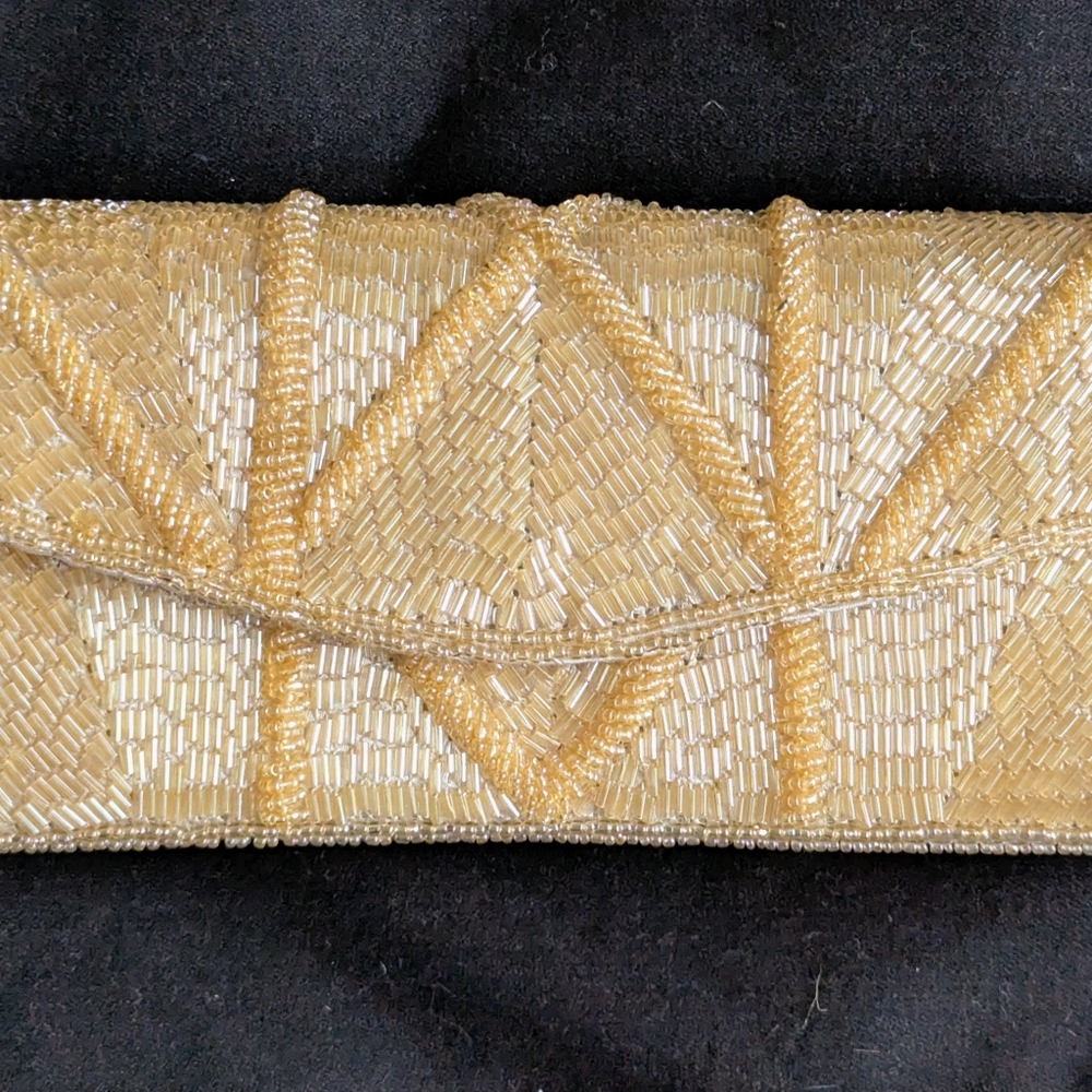 New Elegant Gold Satin Beaded Clutch Or Shoulder Bag